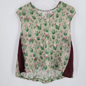 Inga Marshan Cactus Print Lightweight V Neck Sleeveless Top Size 40 Medium